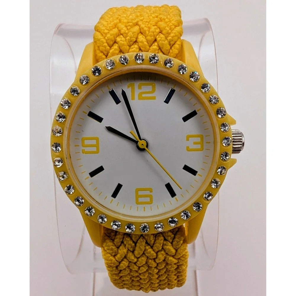Fashion Yellow Rhinestone Stretch Casual‎ Watch, New Battery